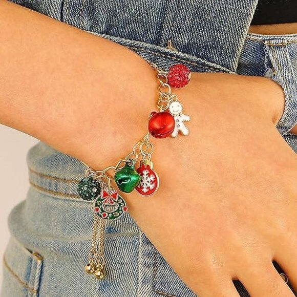 Christmas Santa Snowflake Candy Cane Bell Bracelet - Picture 2 of 2